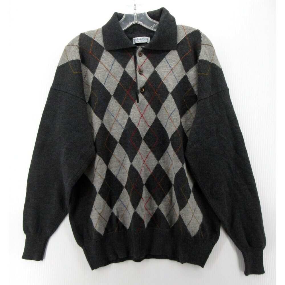 Bullock & Jones Sweater Large Wool Polo Pullover Argyle Scotland Preppy